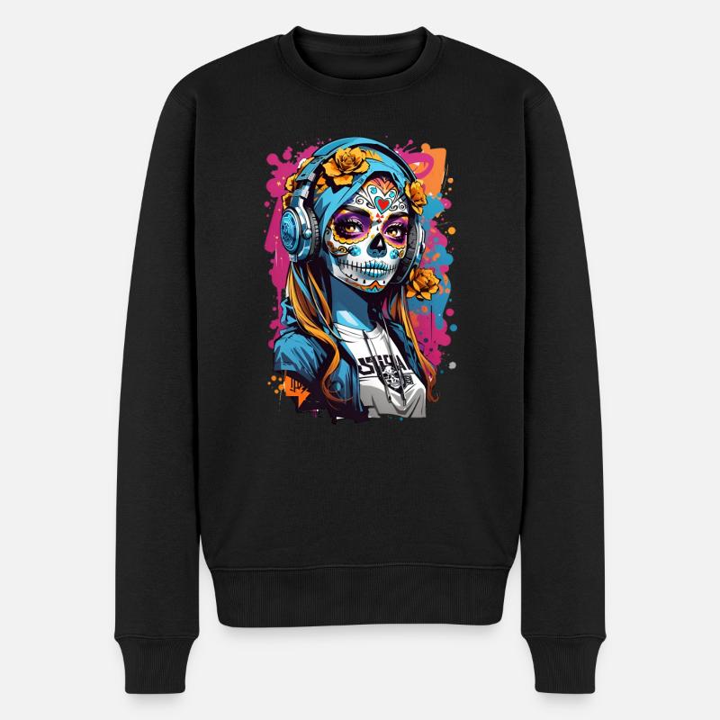 Totenkopfmädchen mit Kopfhörern - Männer Premium Bio Pullover - Schwarz