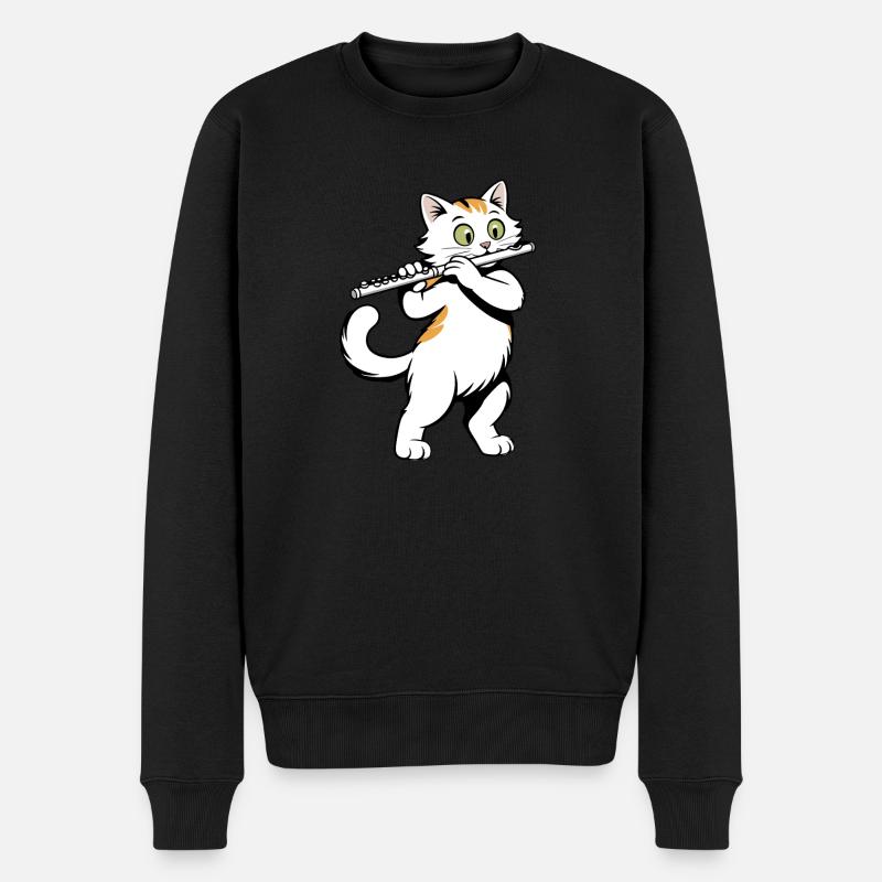 Katze spielt Flöte - Männer Premium Bio Pullover - Schwarz