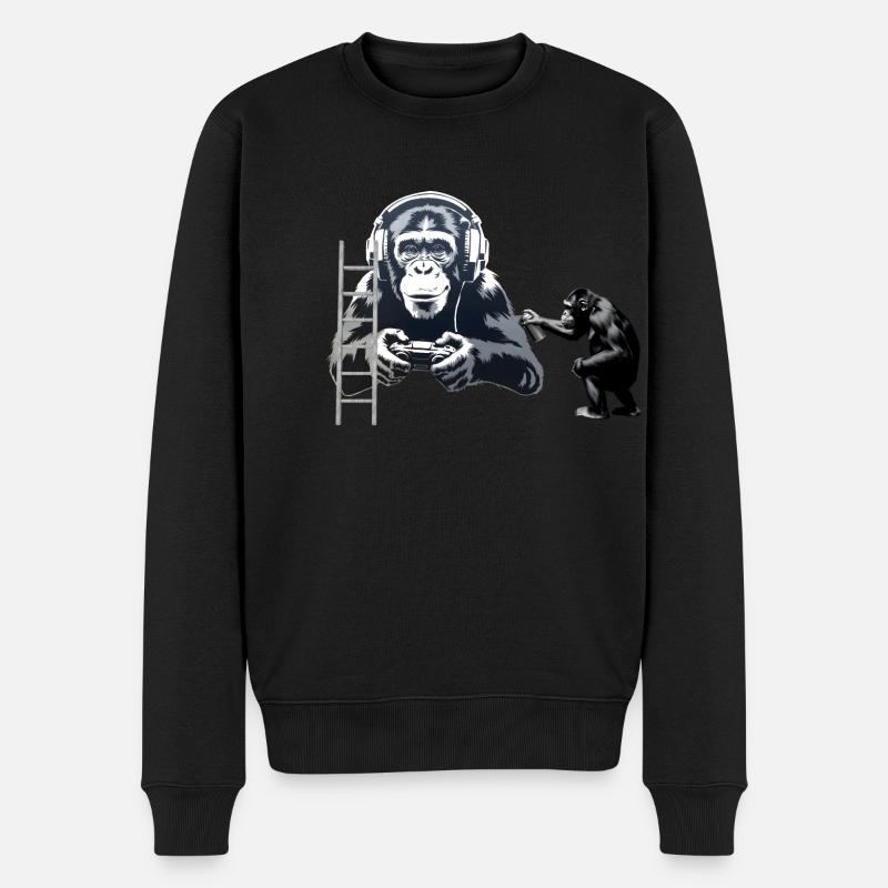 GRAFFITI BANKSY STYLE - SCHIMPANSE SPIELT COMPUTER GAM - Männer Premium Bio Pullover - Schwarz