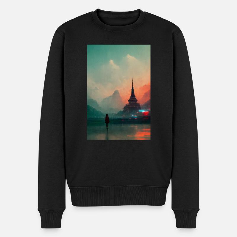 Mädchen steht vor einem Tempel in Thailand - Männer Premium Bio Pullover - Schwarz