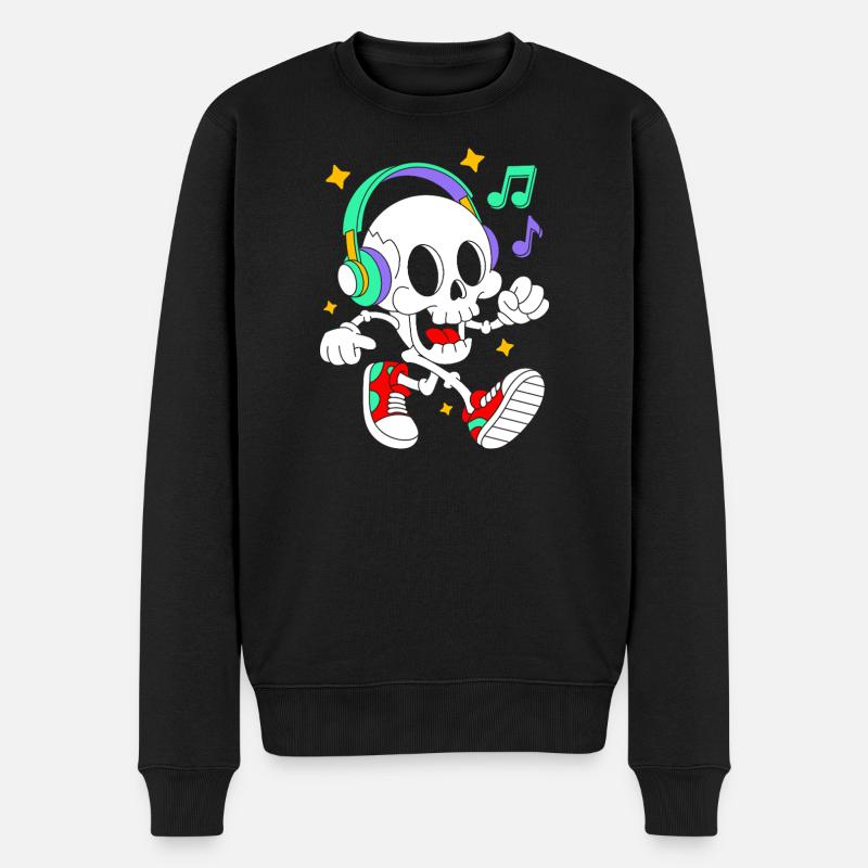 Musikliebendes Skelett mit Kopfhörern - Männer Premium Bio Pullover - Schwarz