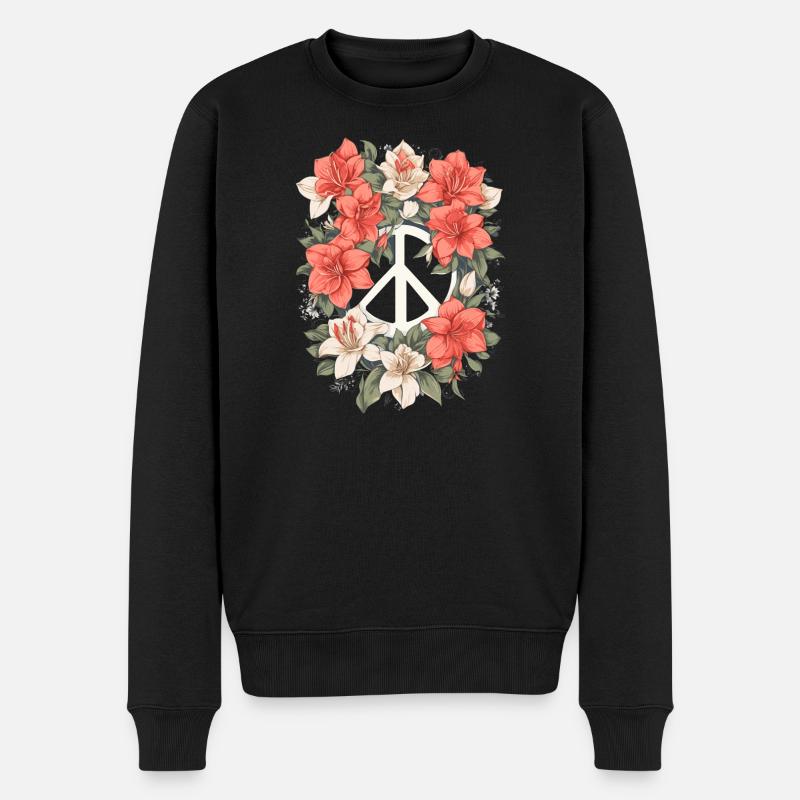 Friedenszeichen mit Blumen - Männer Premium Bio Pullover - Schwarz