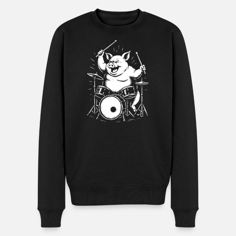Funny Pig spielt Schlagzeug - Männer Premium Bio Pullover - Schwarz