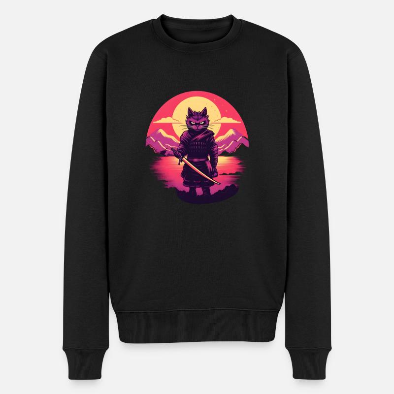 Synthwave samurai Cat - Männer Premium Bio Pullover - Schwarz