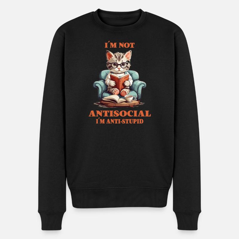 Schlaue Katze mit Lesebrille - Männer Premium Bio Pullover - Schwarz