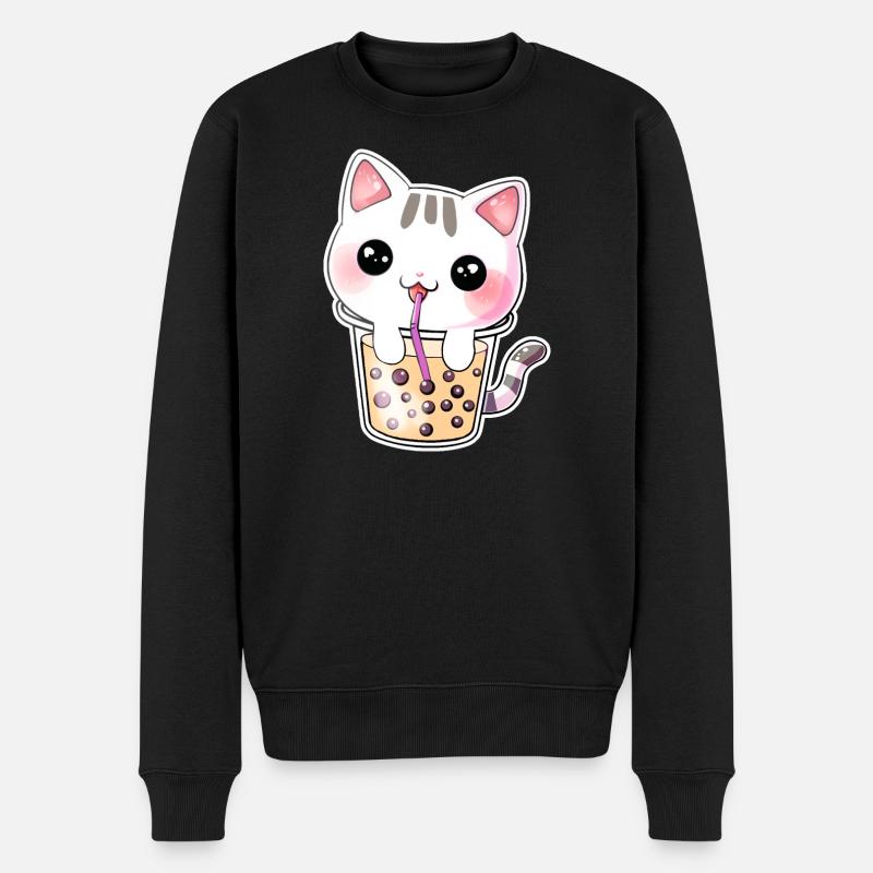 Kawaii Bubble Tea Katze - Männer Premium Bio Pullover - Schwarz
