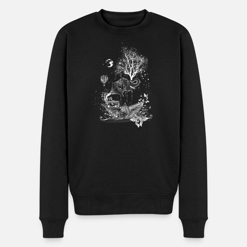 Elefant,Papierschiff und Baum- surreales Design - Männer Premium Bio Pullover - Schwarz