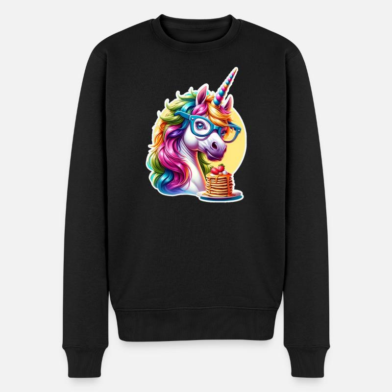 Regenbogen Unicorn mit Brille - Männer Premium Bio Pullover - Schwarz