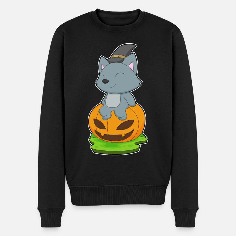 Katze Halloween Hexe - Männer Premium Bio Pullover - Schwarz