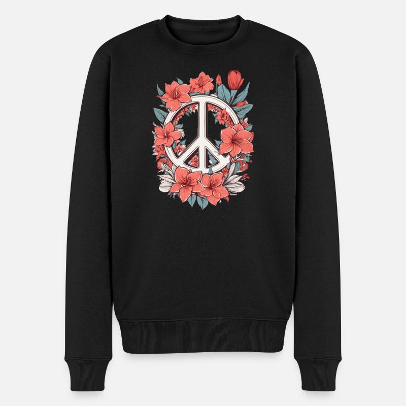 Friedenszeichen mit Blumen - Männer Premium Bio Pullover - Schwarz