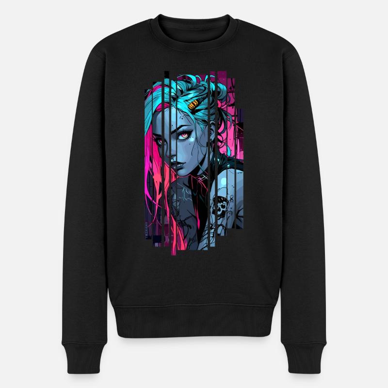 Neonblaues Cyber-Mädchen - Männer Premium Bio Pullover - Schwarz