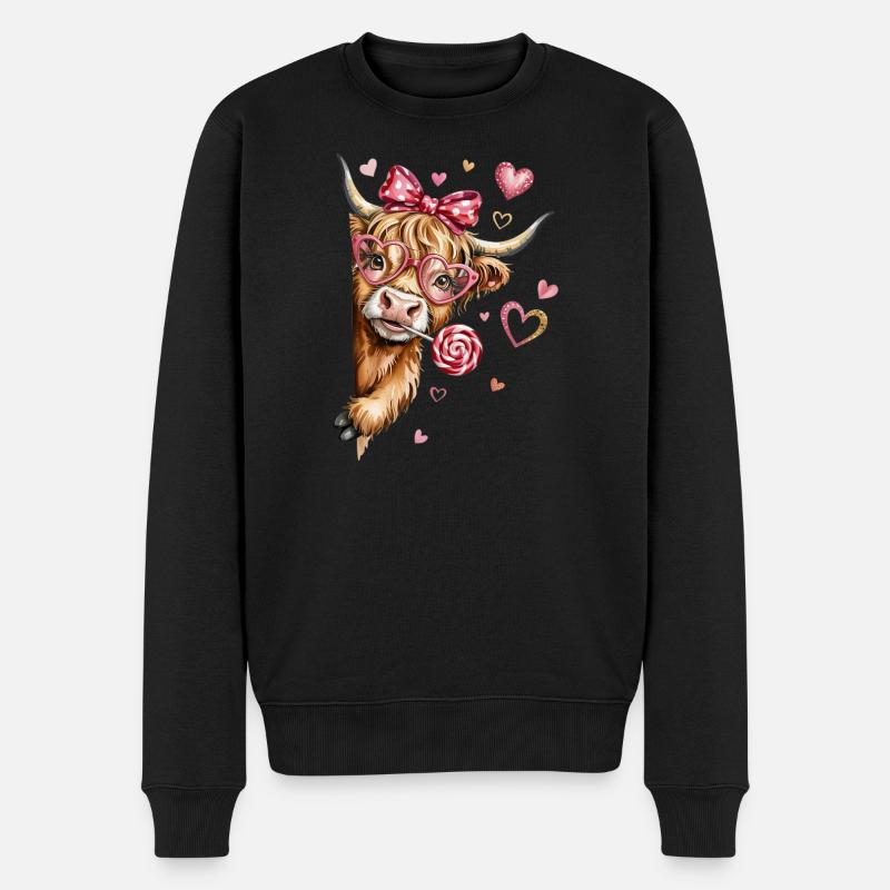 Verliebtes Hochlandrind mit Herzbrille und Lolli - Männer Premium Bio Pullover - Schwarz