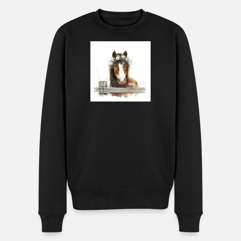 Aquarellpferd mit Blumenkrone - Männer Premium Bio Pullover - Schwarz