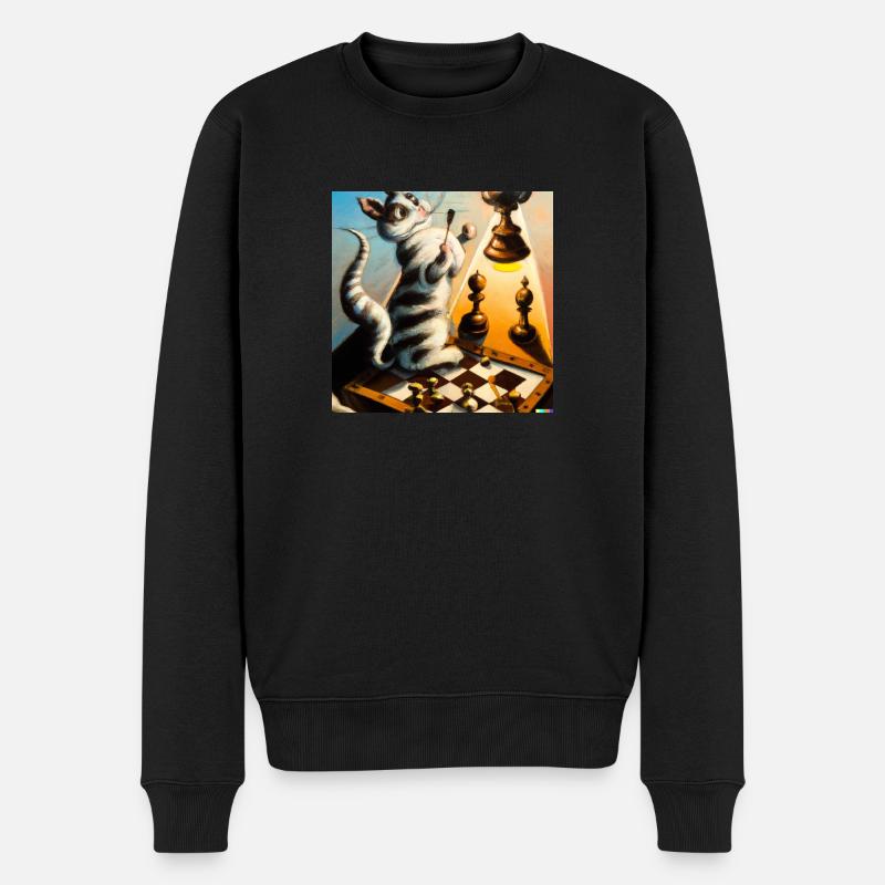Surrelistische Katze steht auf Schachbrett - Männer Premium Bio Pullover - Schwarz
