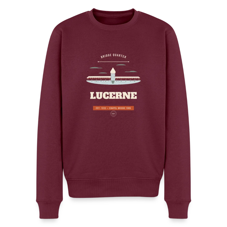 Lucerne badge on a men's premium organic jumper, burgundy