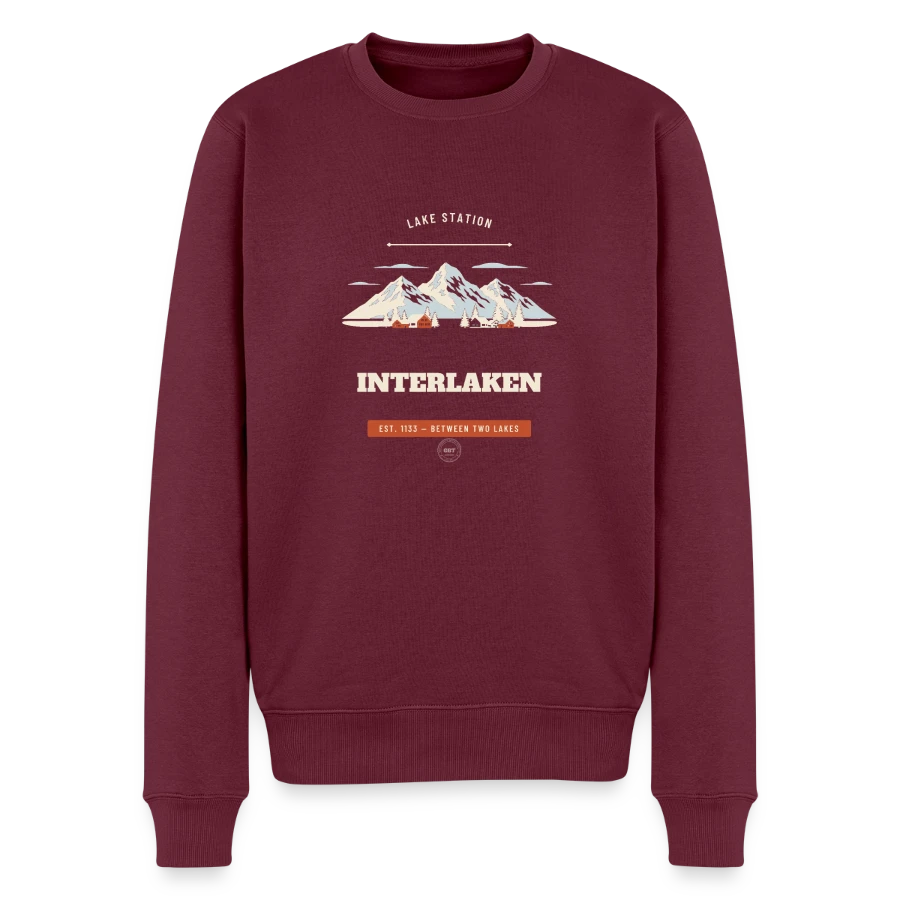 Interlaken badge on a men's premium organic jumper, burgundy