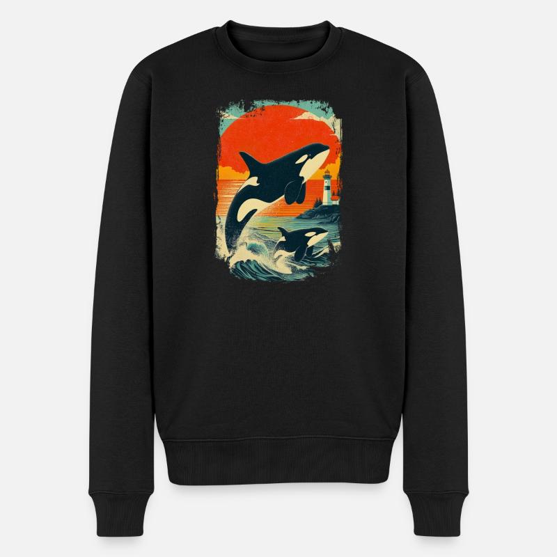 Orca Wal Familie Leuchtturm Vintage Sonnenuntergan - Männer Premium Bio Pullover - Schwarz