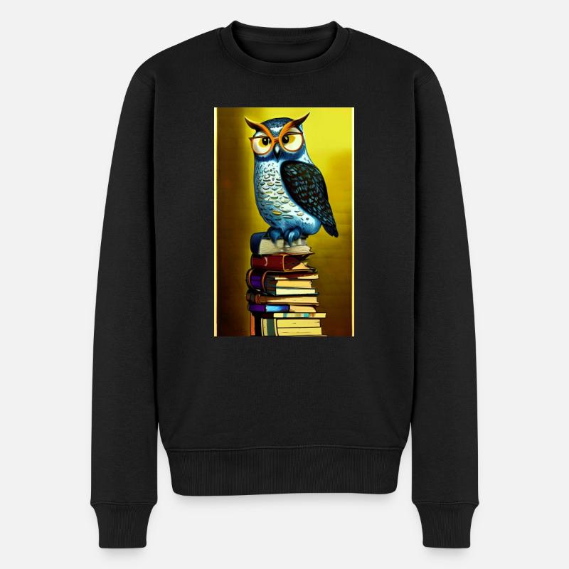 Comic Cartoon Süße Büchereule Eule Bücherstapel - Männer Premium Bio Pullover - Schwarz