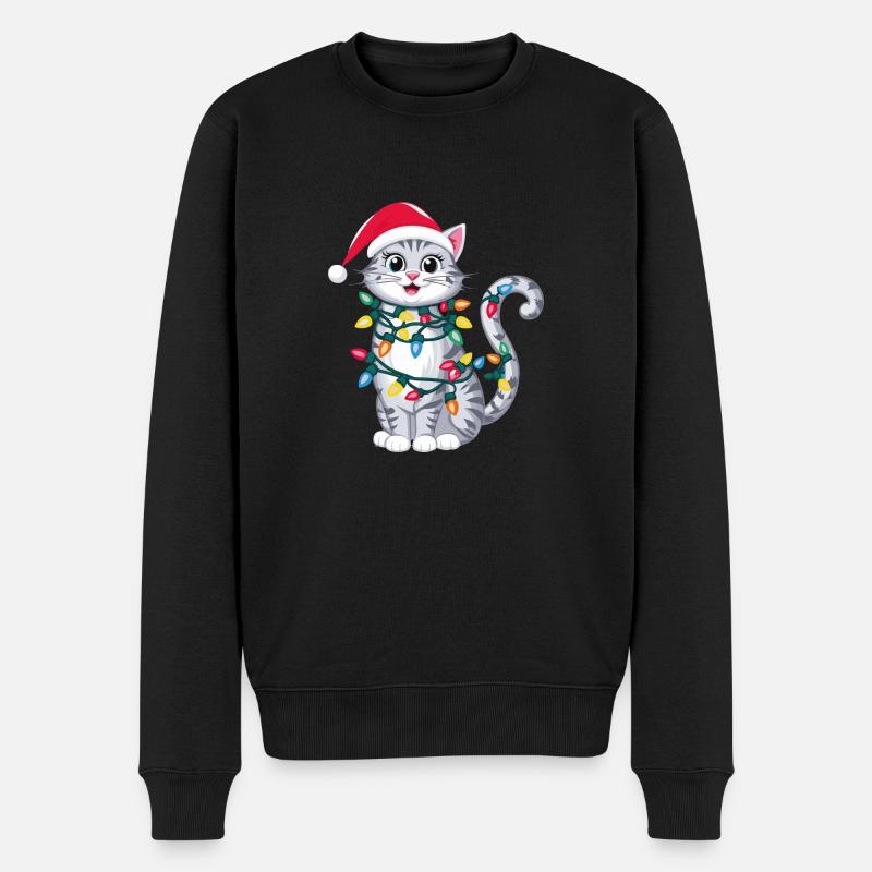 Weihnachtliche Katze mit Lichterkette und Weihnach - Männer Premium Bio Pullover - Schwarz