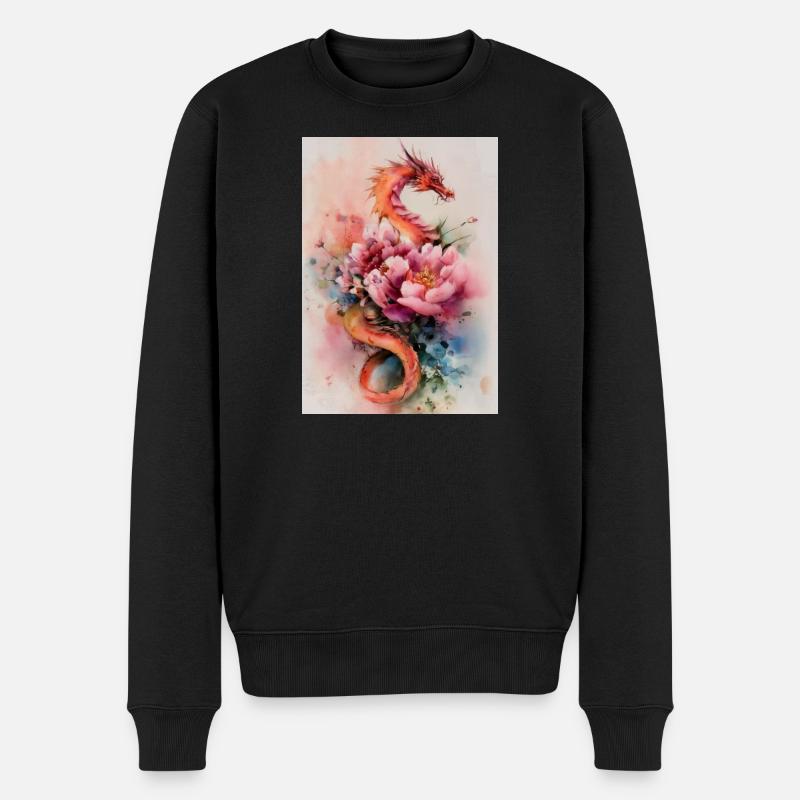 Aquarell Drache und Blumen - Männer Premium Bio Pullover - Schwarz