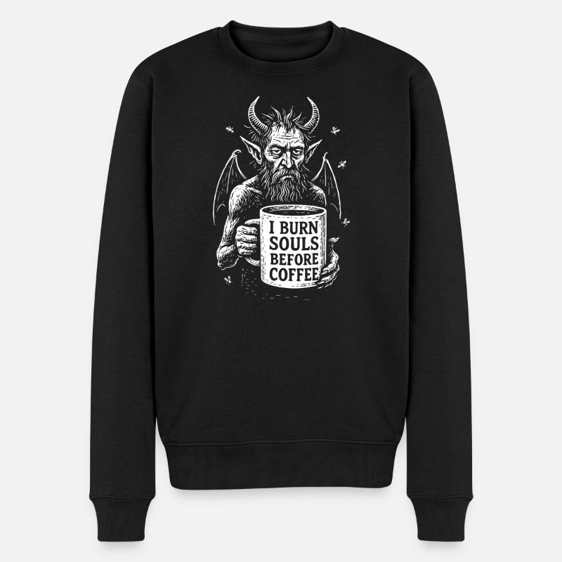 Teufel mit Kaffeebecher I Burn Souls Before Coffee - Männer Premium Bio Pullover - Schwarz