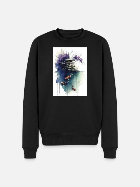 Aquarell-Koi und Kirschpagode - Männer Premium Bio Pullover - Schwarz