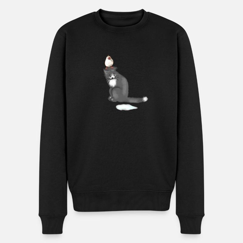 Katze und Vogel - Männer Premium Bio Pullover - Schwarz