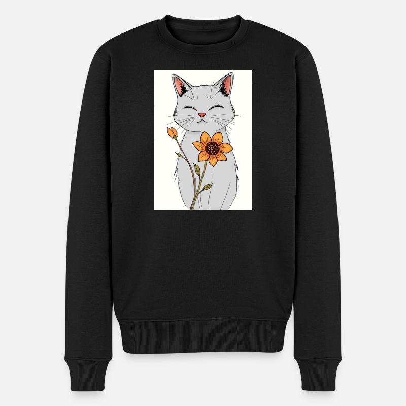 Gelassene Katze mit Sonnenblume - Männer Premium Bio Pullover - Schwarz