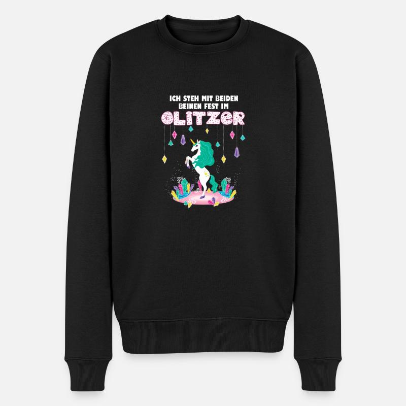 Ich steh mit beiden Beinen fest im Glitzer Einhorn - Männer Premium Bio Pullover - Schwarz