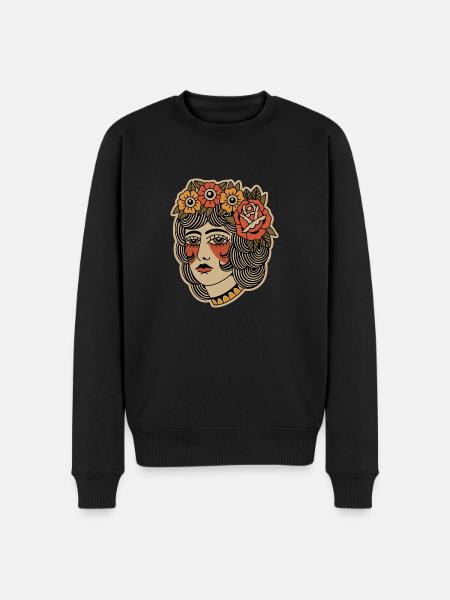 Old school tattoo illustration woman with flowers - Men's Premium Organic Jumper - black