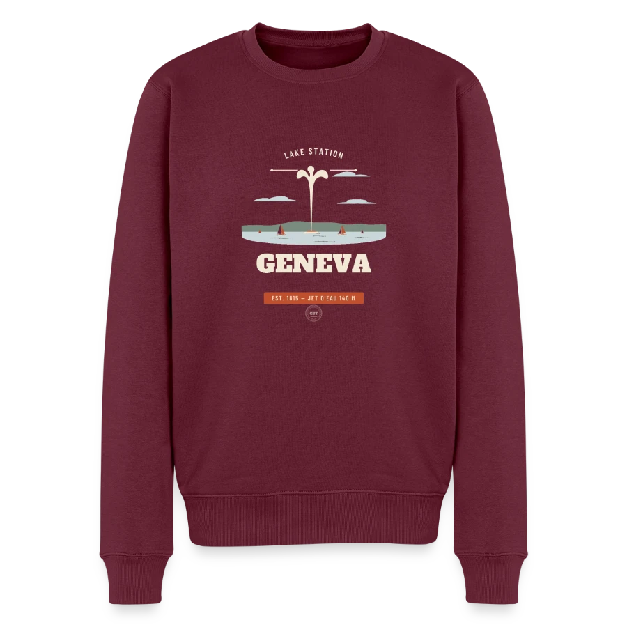 Geneva badge on a men's premium organic jumper, burgundy