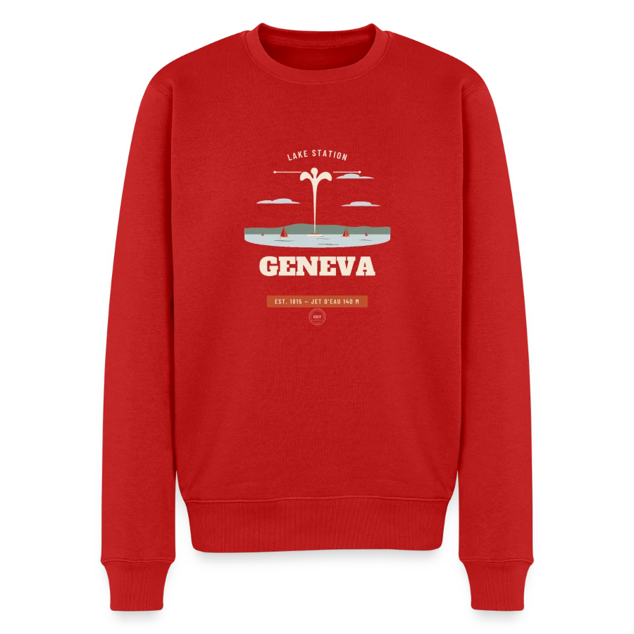 Geneva badge on a men's premium organic jumper, red