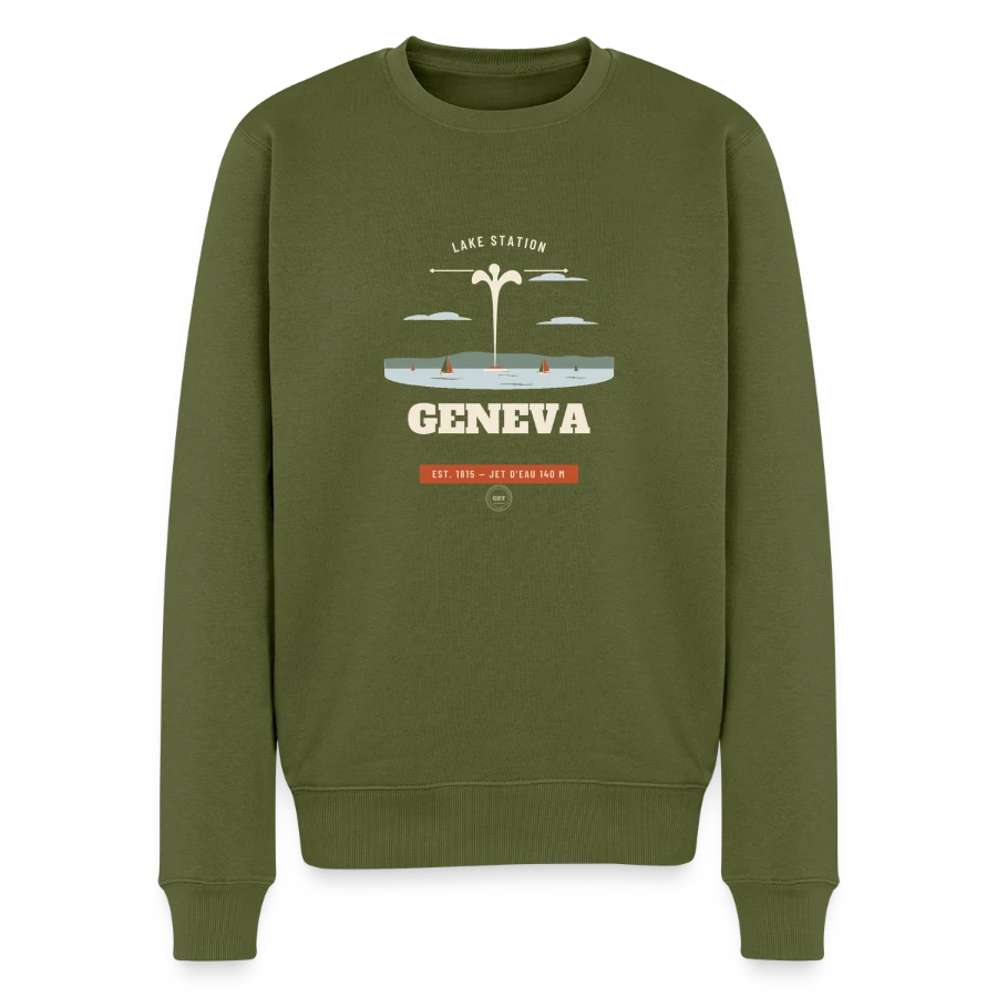 Geneva badge on a men's premium organic jumper, khaki
