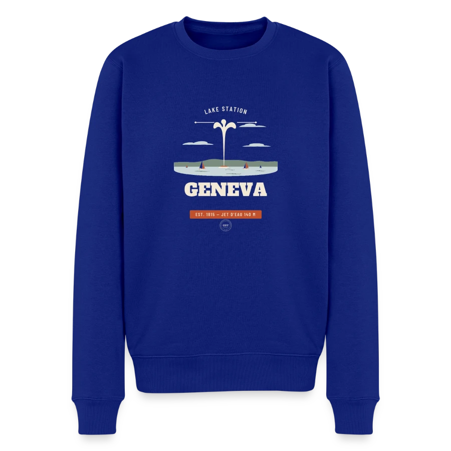 Geneva badge on a men's premium organic jumper, royal blue