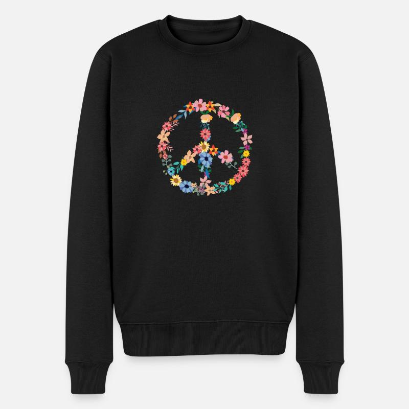 Peace Peacezeichen Flower Power Hippie Blumen bunt - Männer Premium Bio Pullover - Schwarz