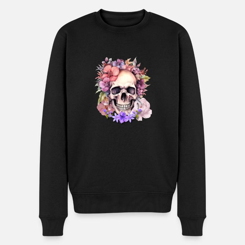 Blumen Skull - Männer Premium Bio Pullover - Schwarz