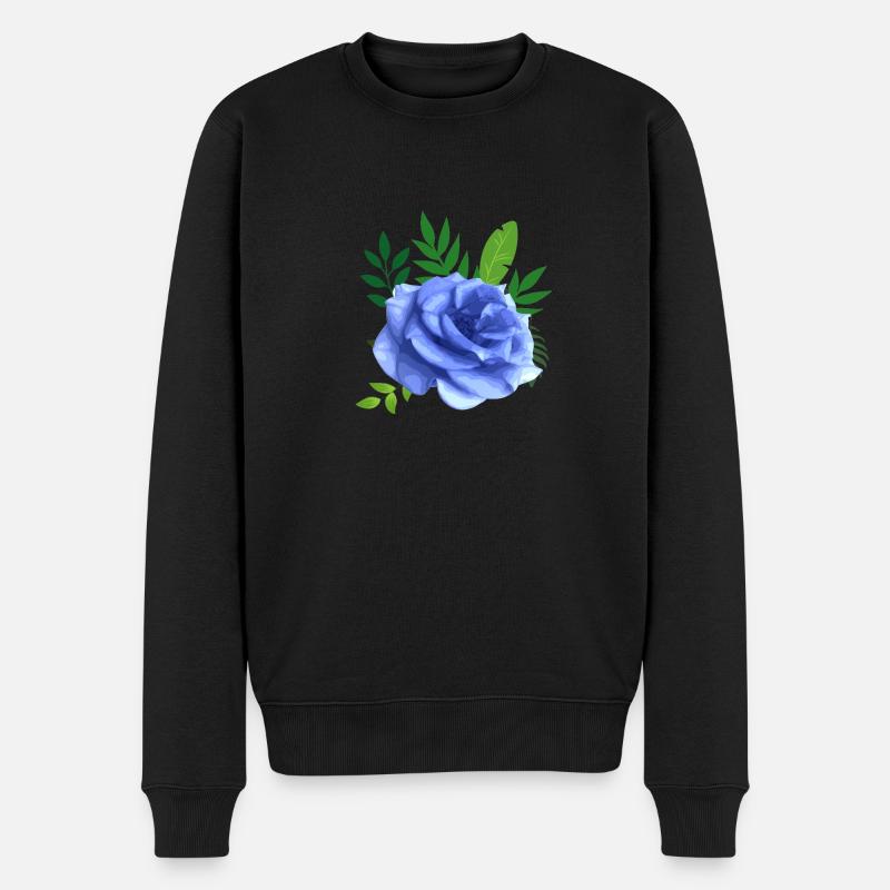 Blaue Rose mit Blättern - Männer Premium Bio Pullover - Schwarz