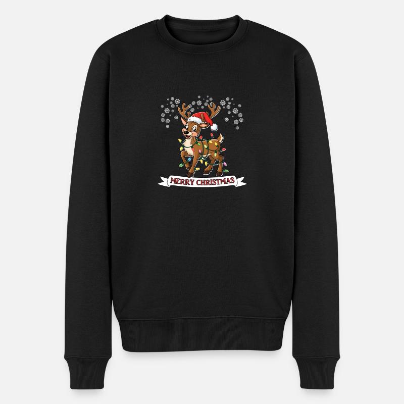 Merry Christmas Frohes Rentier bunte Lichterkette - Männer Premium Bio Pullover - Schwarz