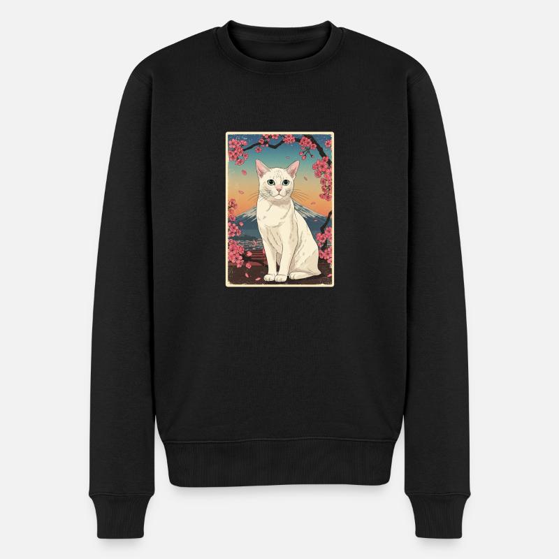 White Cat Cherry Blossom - Männer Premium Bio Pullover - Schwarz