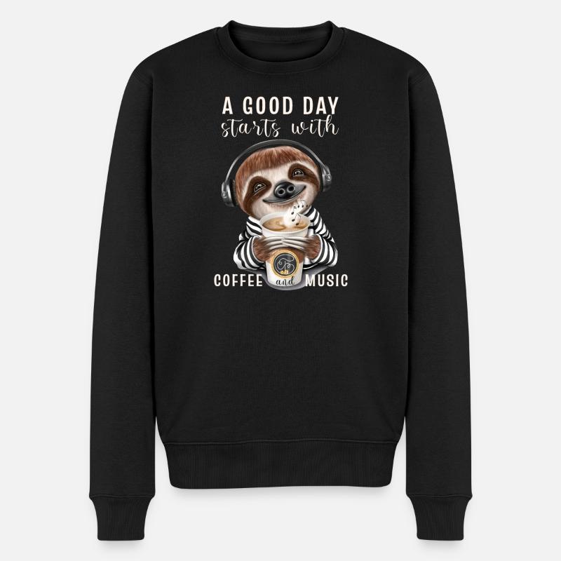 A good day starts with coffee first Faultier - Männer Premium Bio Pullover - Schwarz