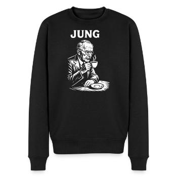 Carl Gustav Jung drinking a coffee - Men's Premium Organic Jumper - black - Front - Nico (187cm)