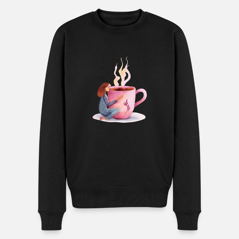 Gemütlicher Morgen: Frau umarmt rosa Kaffeetasse - Männer Premium Bio Pullover - Schwarz
