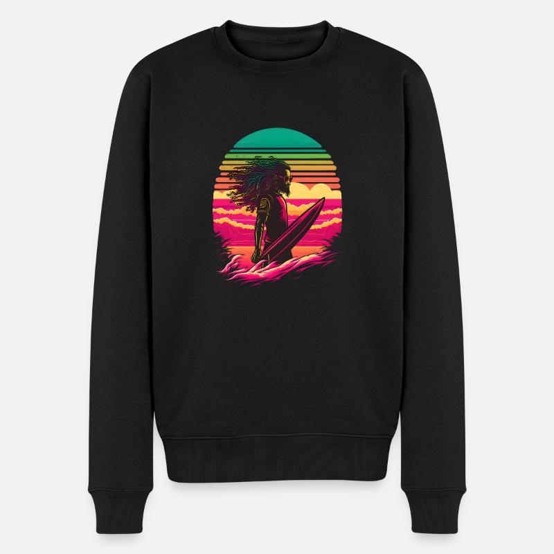 Synthwave Rasta Man surfing - Männer Premium Bio Pullover - Schwarz