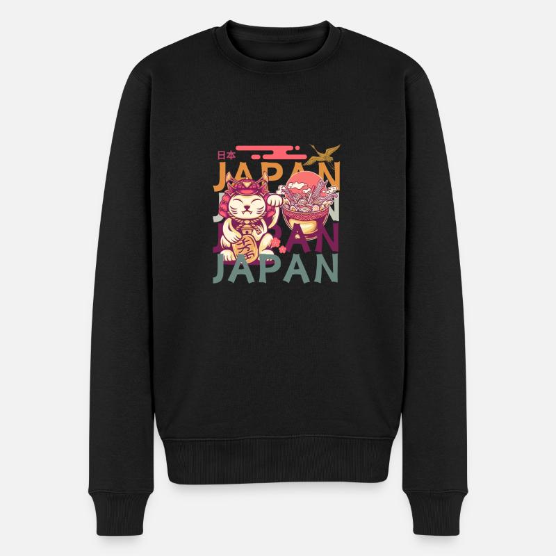 Shogun-Katze, winkende Pfote, Ramen und Kranich - Männer Premium Bio Pullover - Schwarz