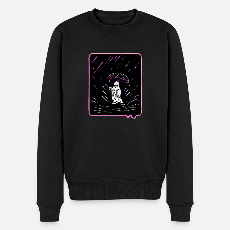 Fantôme mignon avec parapluie dans le style de dessin animé de la pluie - Pull Premium bio Homme - noir