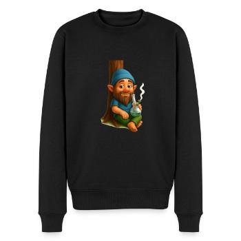 Kiffender Zwerg an Baum lehnend mit Bong Cannabis - Männer Premium Bio Pullover - Schwarz - Vorne - Nico (187cm)