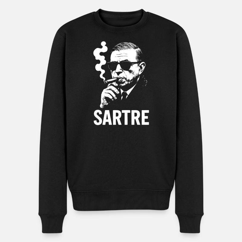 Sartre Ikonisches Porträt-Design - Männer Premium Bio Pullover - Schwarz