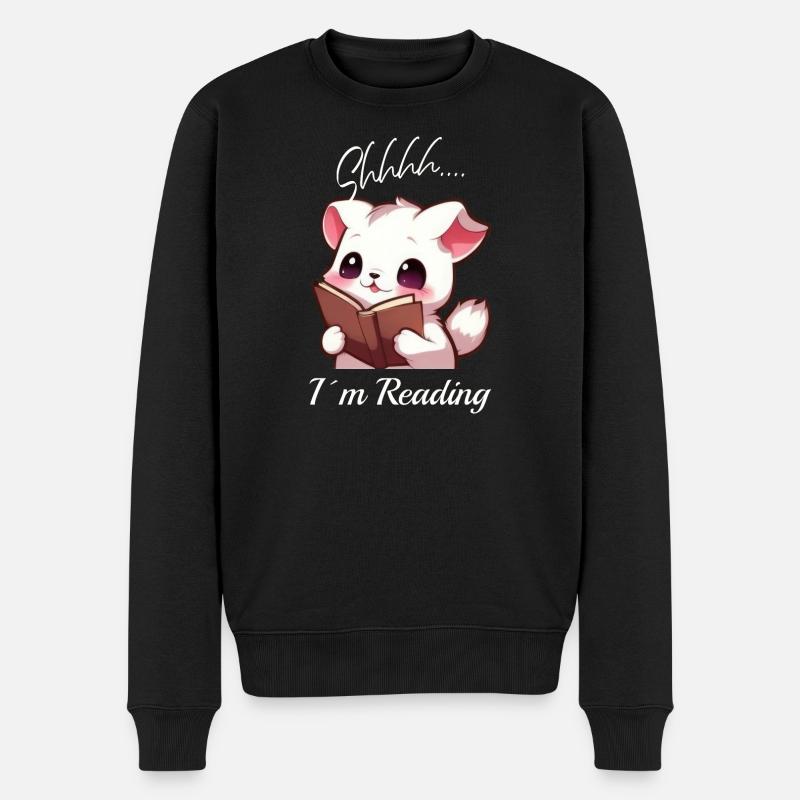Katze mit Buch - Männer Premium Bio Pullover - Schwarz