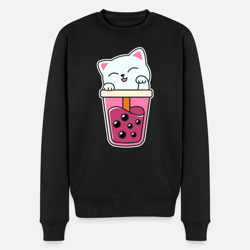 Süße Katze Kätzchen trinkt Boba Tea Bubble Tea - Männer Premium Bio Pullover - Schwarz