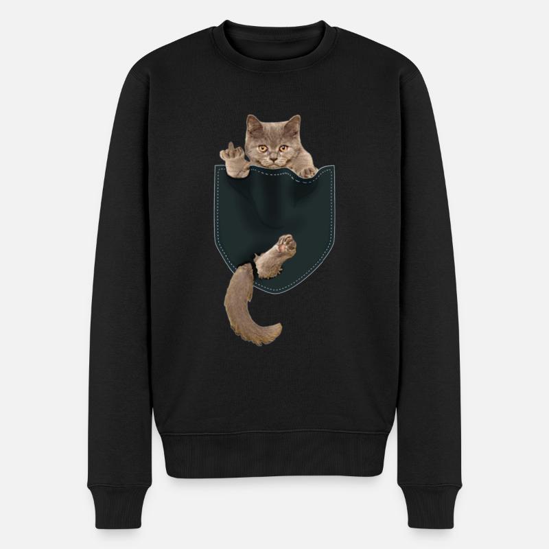 Lustige Katze in Tasche zeigt Mittelfinger - Männer Premium Bio Pullover - Schwarz